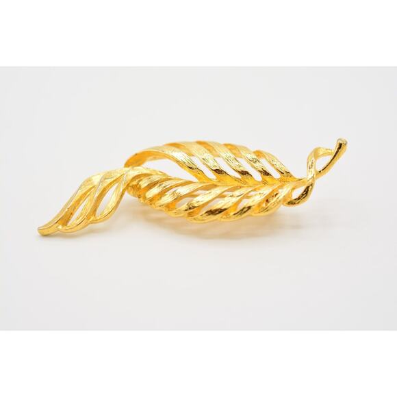Vintage Leaf Pin Brushed Gold Shiny Metallic Feather 1980s Bin5B - Picture 5 of 12